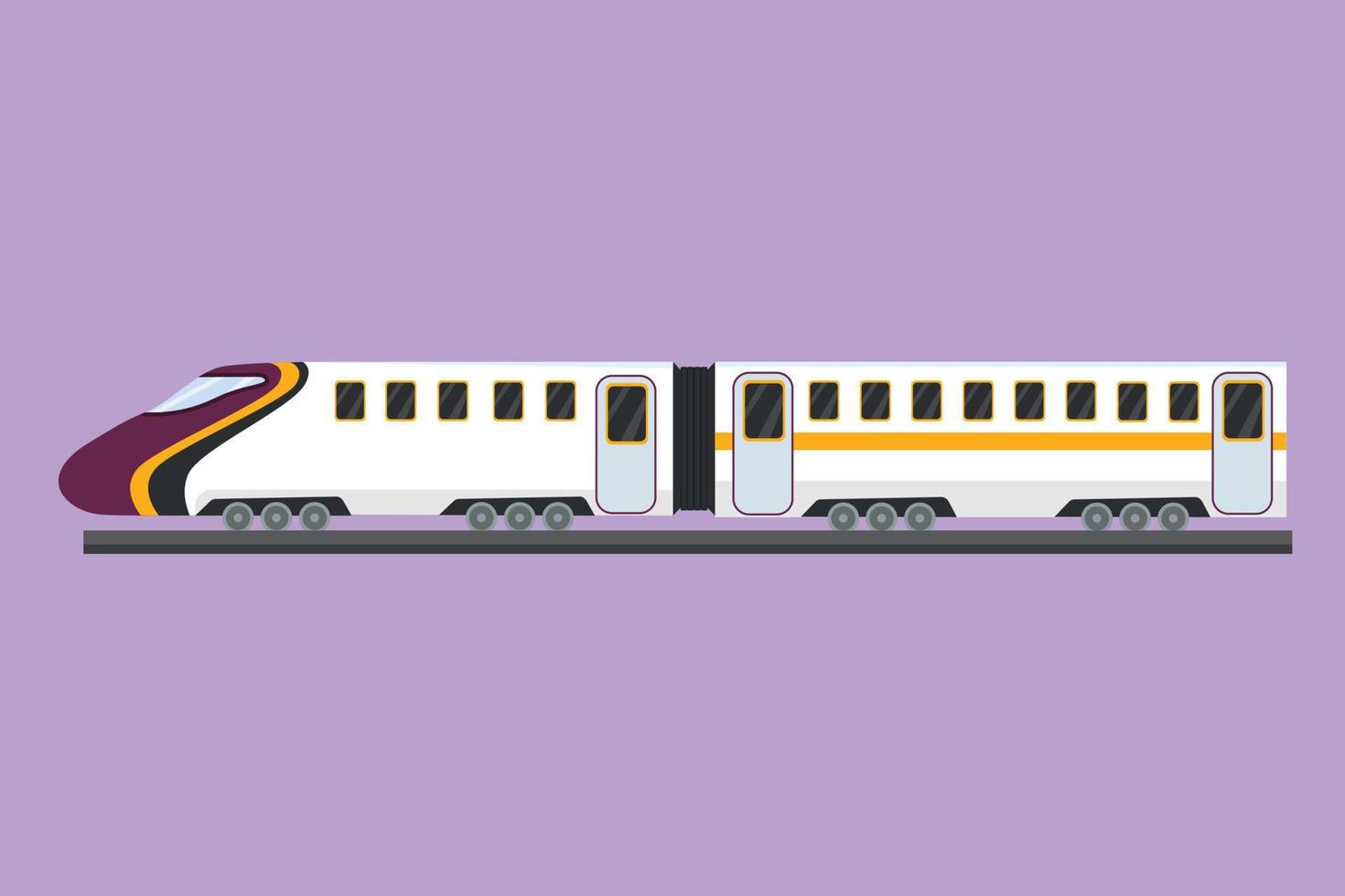 estilo plano dos desenhos animados desenhando trem-bala acelerando nos trilhos transportando passageiros que estão de férias de verão. transporte público acessível. veículos intermunicipais. ilustração vetorial de design gráfico vetor