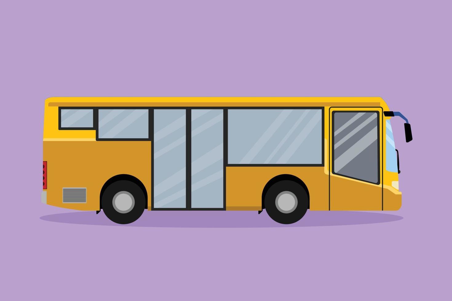 design plano gráfico desenhando ônibus urbanos vistos de lado servindo passageiros que saem e voltam de casa para o escritório. veículo na estrada. vida urbana. ilustração vetorial de estilo cartoon vetor