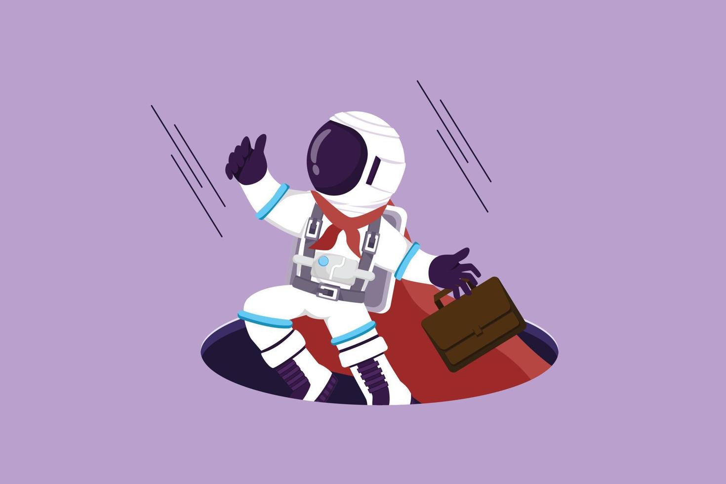 desenho gráfico de design plano de jovem astronauta voador com asa e maleta saindo de buracos na superfície da lua. astronauta sair do problema. espaço cósmico da galáxia. ilustração vetorial de estilo cartoon vetor