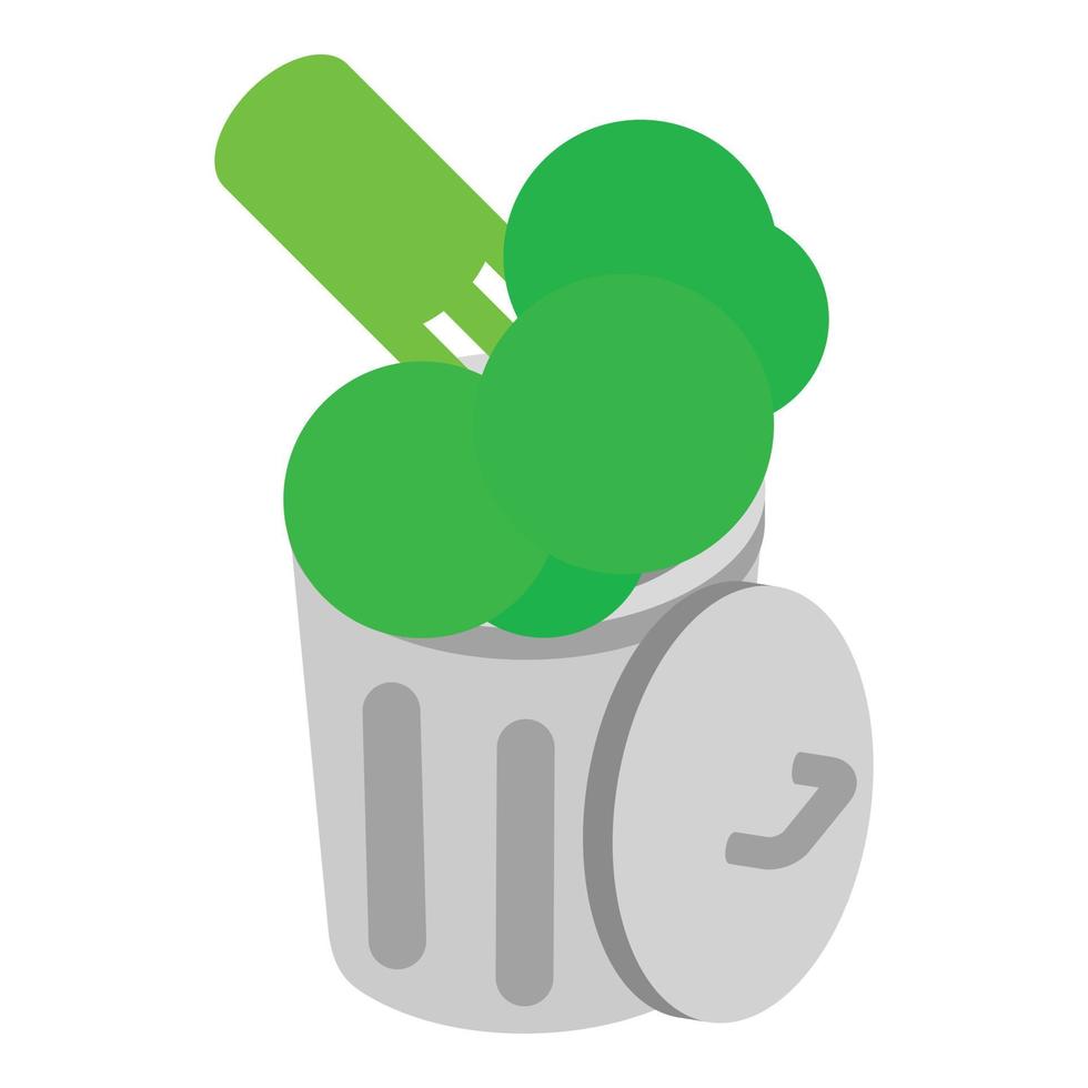 vetor isométrico de ícone de lixo orgânico. brócolis verde na lata de lixo com ícone de tampa