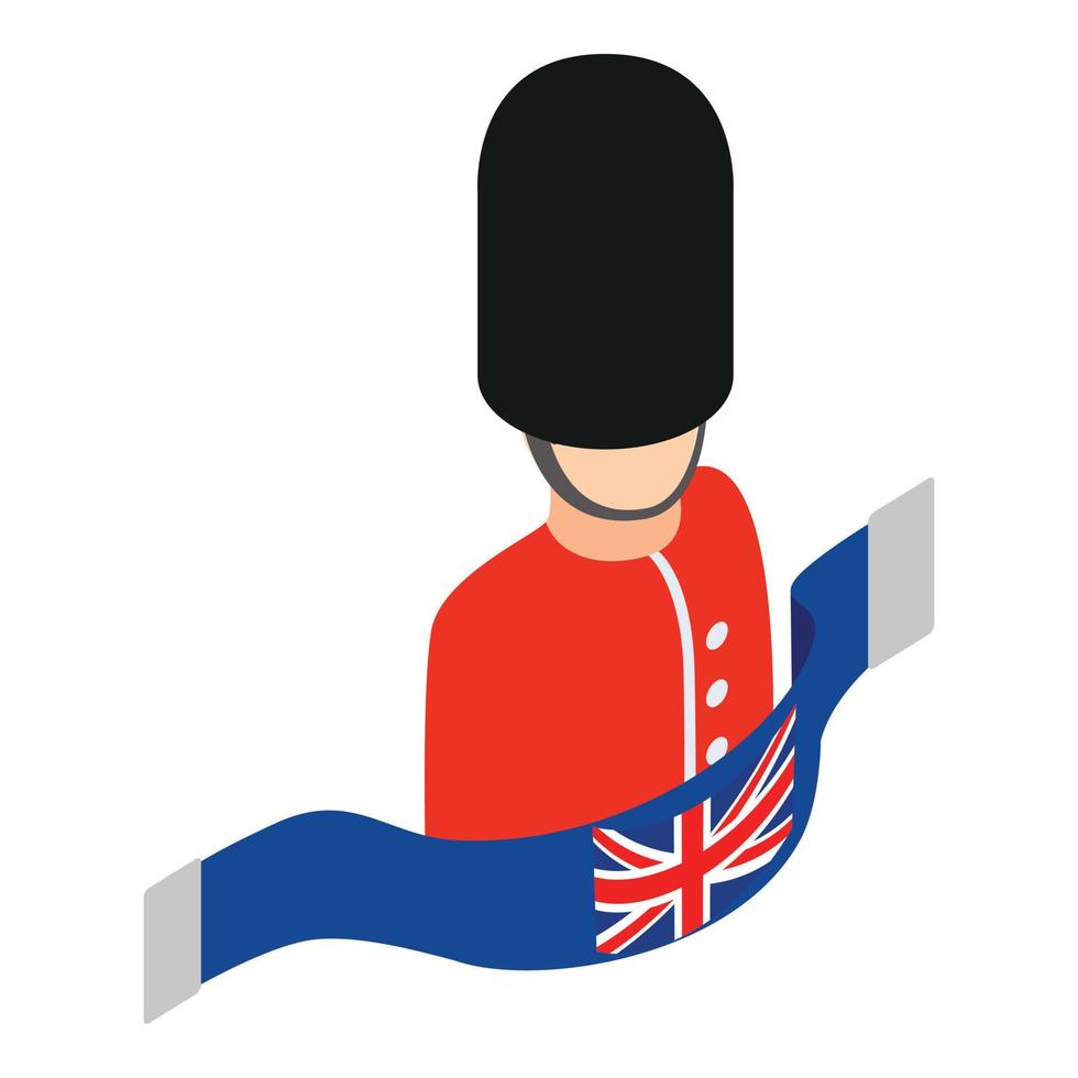vetor isométrico do ícone da guarda real. soldado britânico em uniforme vermelho e bandeira do Reino Unido