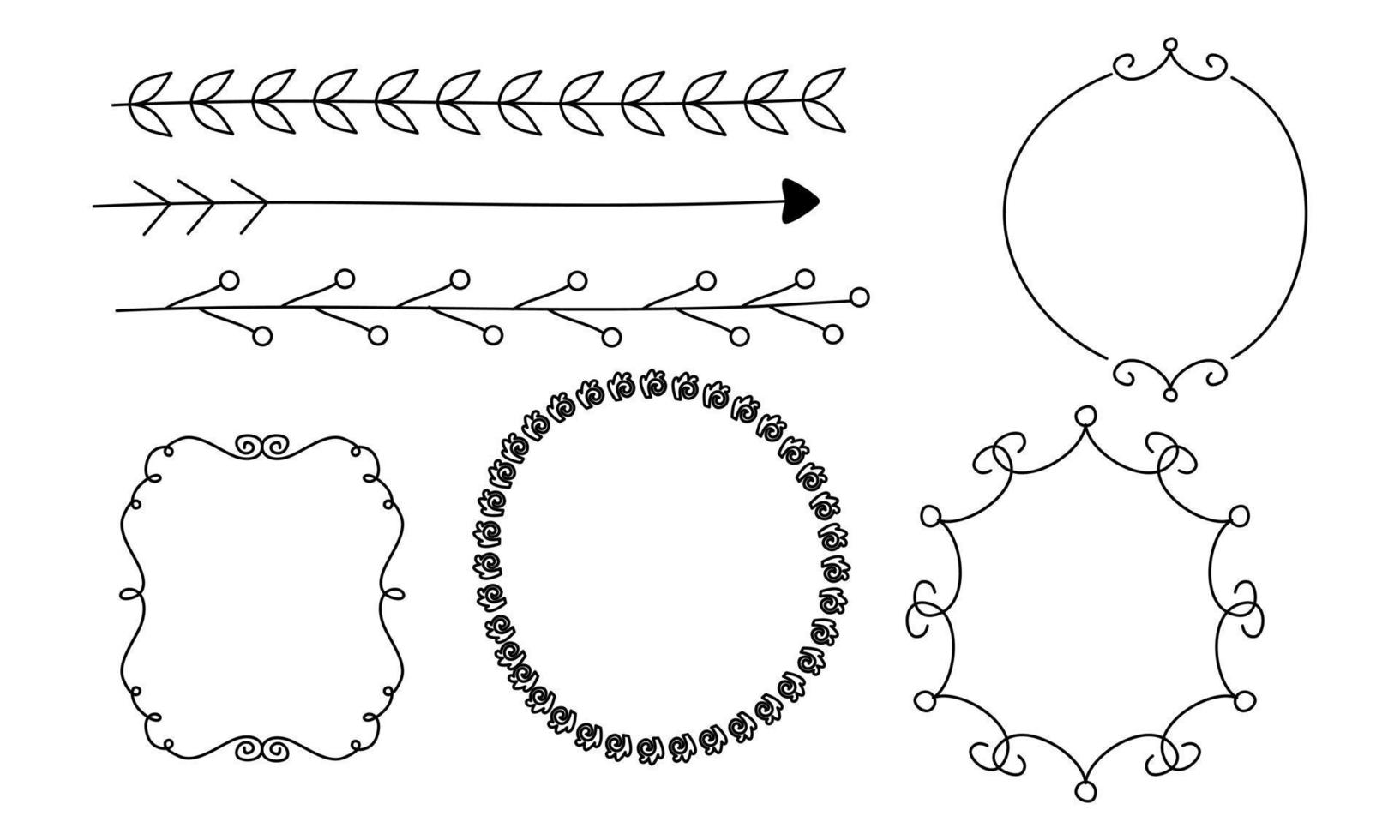 molduras de desenho de linha retrô, fitas, flores, decorações e plantas vetor