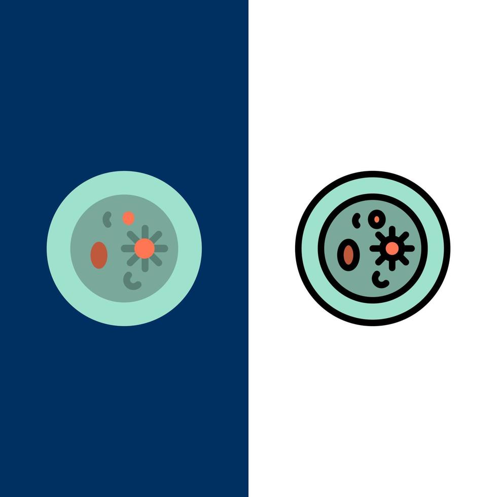 bioquímica biologia química prato ícones de laboratório plano e conjunto de ícones cheios de linha vector fundo azul