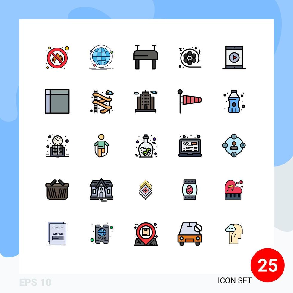 conjunto moderno de 25 cores e símbolos planos de linha preenchida, como elementos de design de vetores editáveis de filme de vídeo da web multimídia para iphone