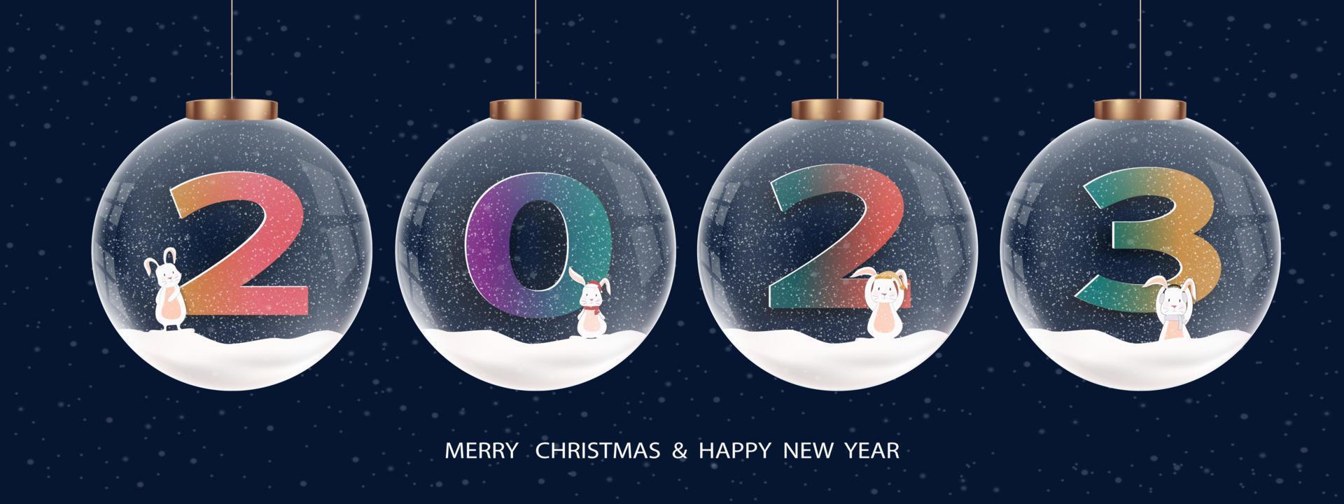 feliz ano novo e feliz natal 2023 com bola de natal com coelho fofo na neve com fundo azul. design vetorial com tendências de cores para desejos de cartão, modelo de folheto, cartão, banner vetor