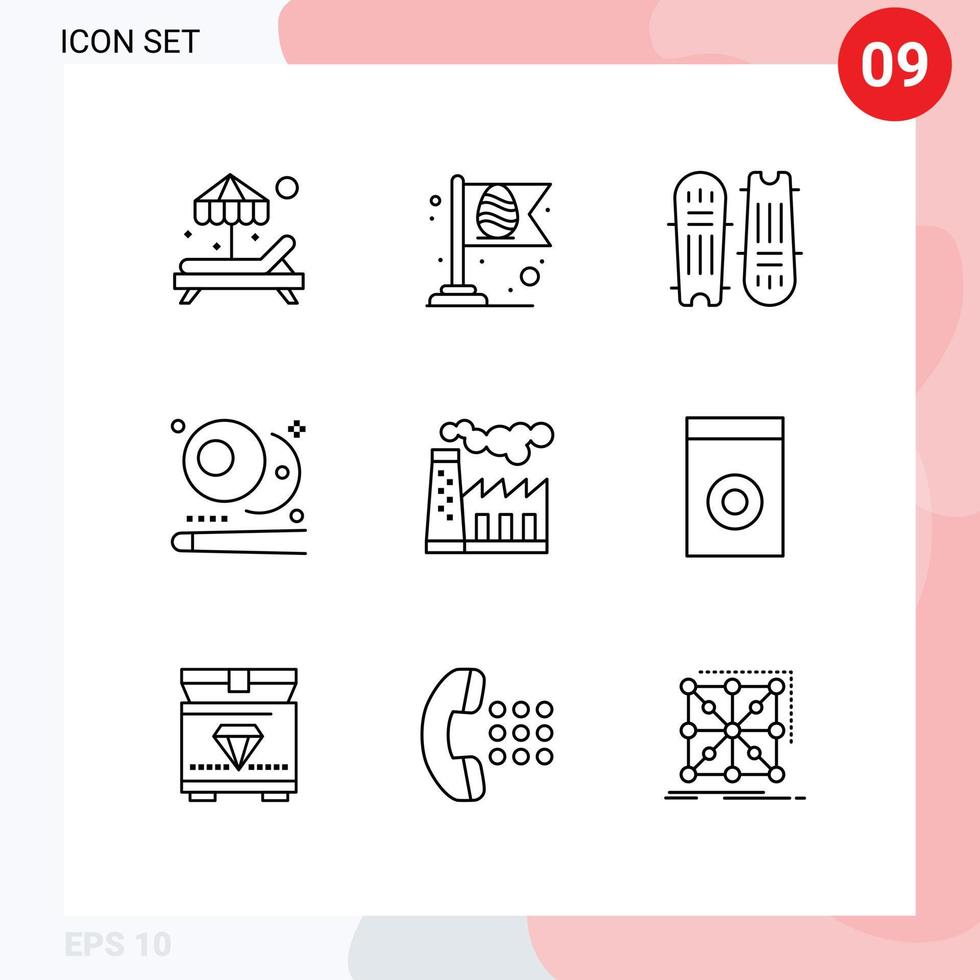 conjunto de pictogramas de 9 contornos simples de poluição esportes bola de críquete sinuca bilhar elementos de design vetorial editáveis vetor