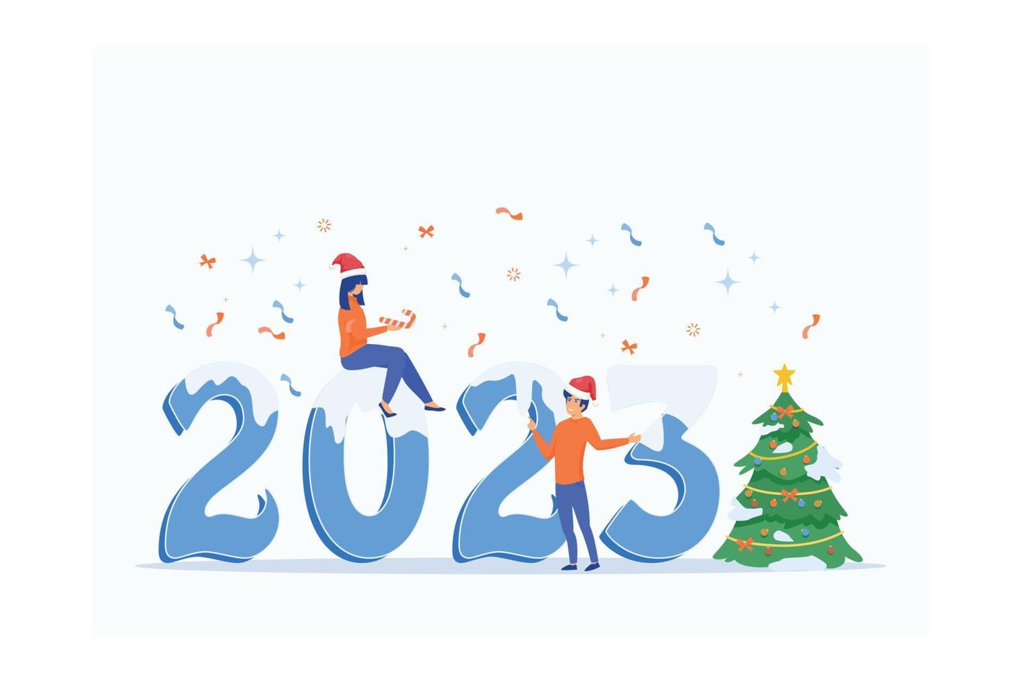 os trabalhadores comemoram o natal e o ano novo. as pessoas pequenas estão se preparando para o ano novo, engajadas na decoração. inscrição ano novo 2023, ilustração moderna de vetor plano