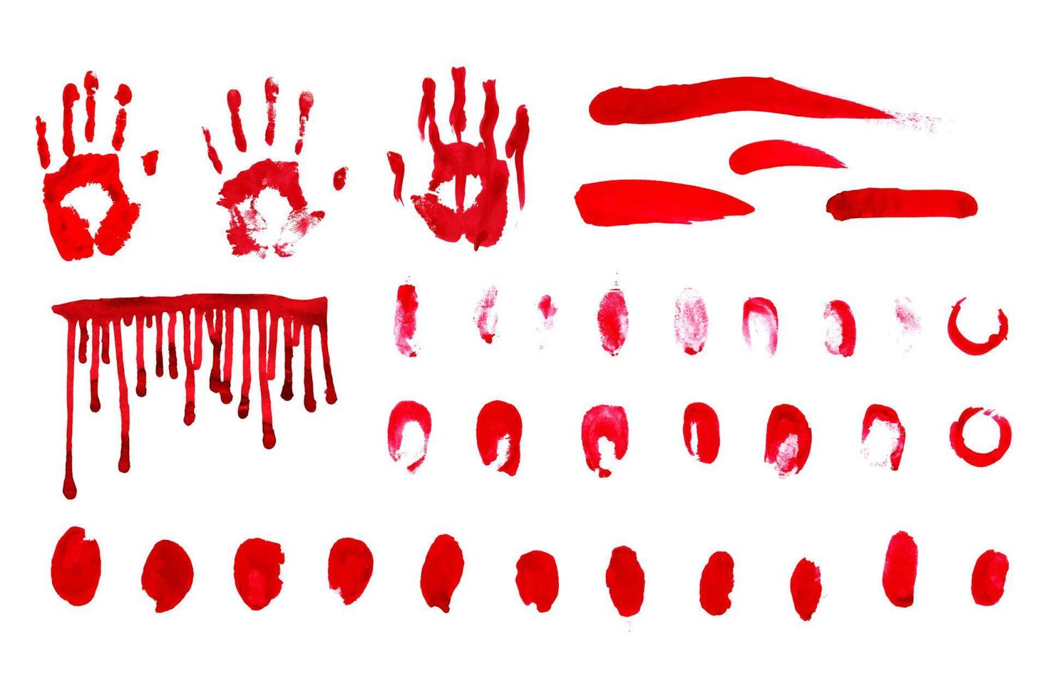 conjunto vetorial de manchas sangrentas, pinceladas e marcas de mãos. coleção de tinta vermelha desenhada à mão traçada de elementos com temas sangrentos. vetor