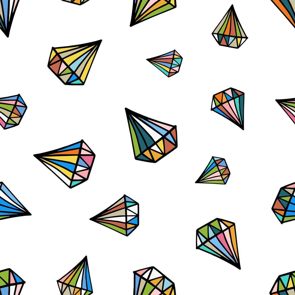 cristal colorido padrão sem emenda no estilo doodle. ilustração vetorial de um diamante vibrante com um contorno preto desenhado à mão e rastreado. impressão quadrada de cristal sem costura em branco vetor