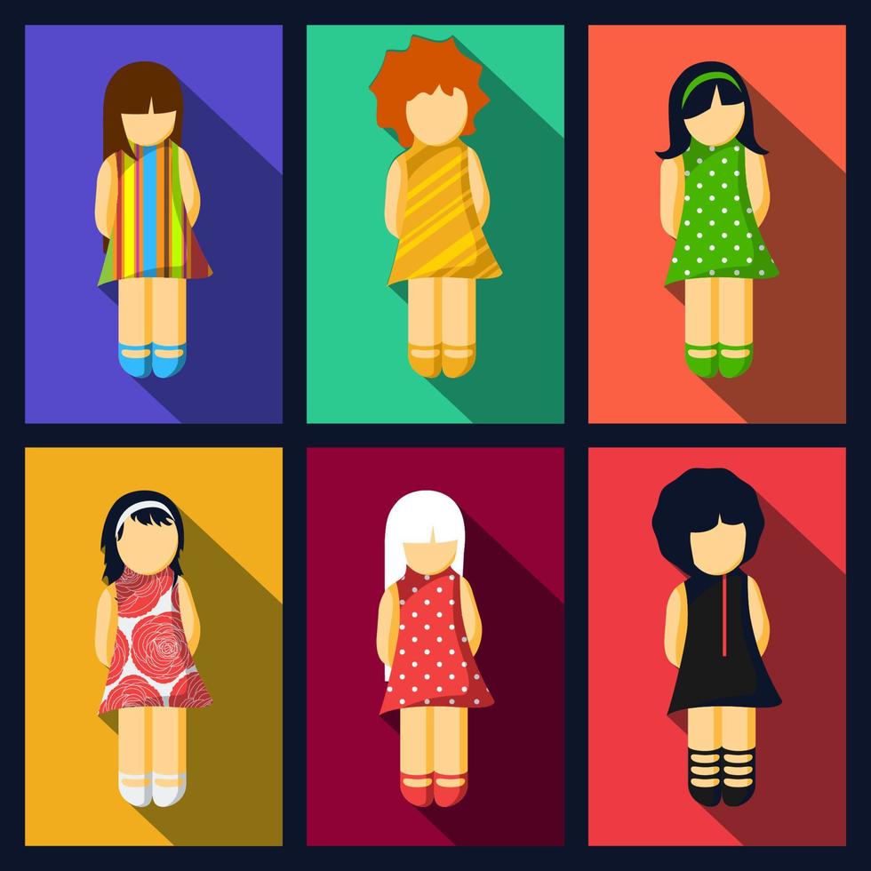 conjunto de ícones planos de meninas com vários vestidos coloridos e penteados para rede social vetor