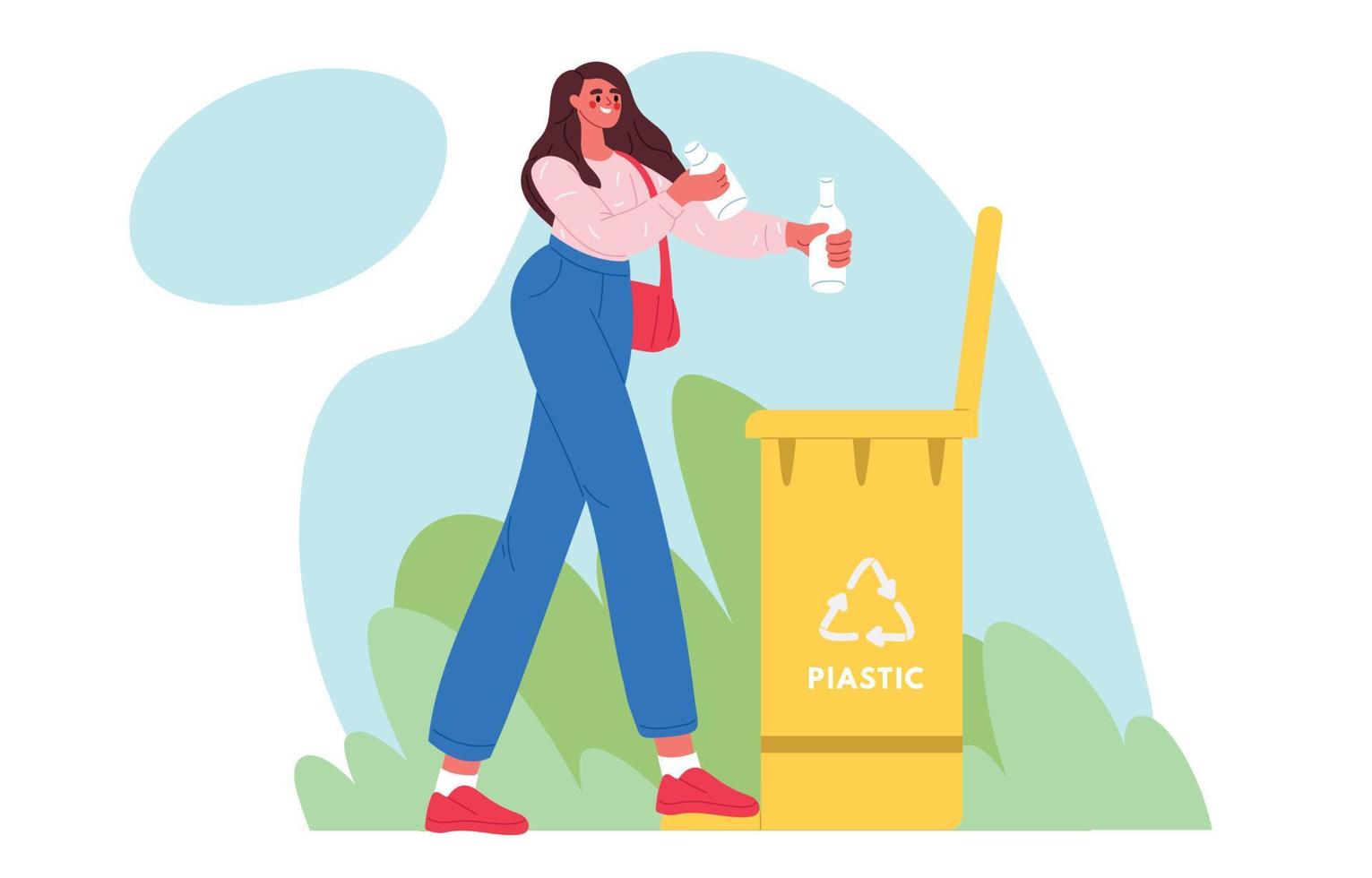 conceito de lixeira de reciclagem. mulher tirando o lixo. coleta seletiva de lixo. classificação, conceito de desperdício zero. ilustração vetorial plana vetor