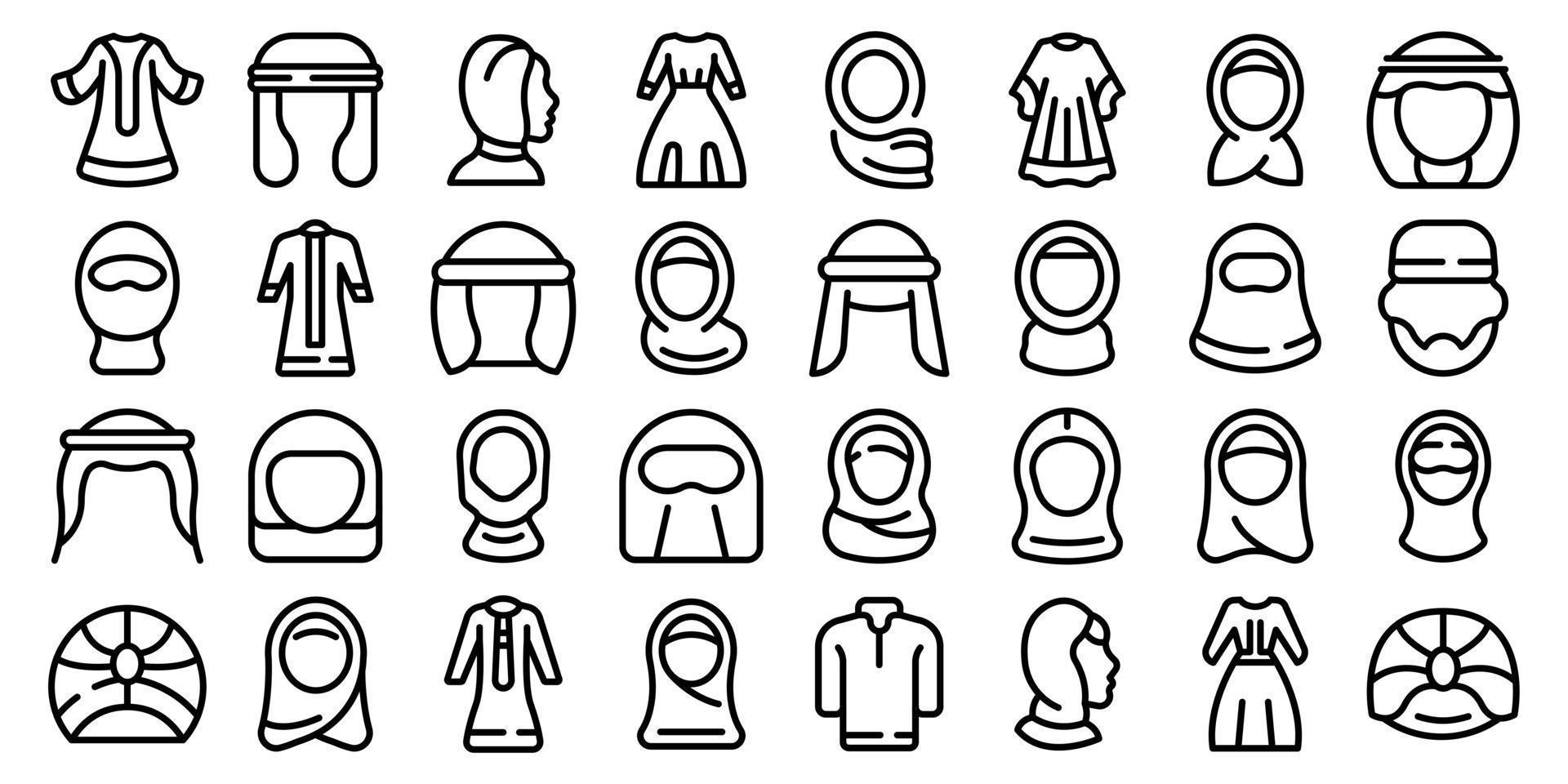 ícones da moda muçulmana definem vetor de contorno. árabe casual