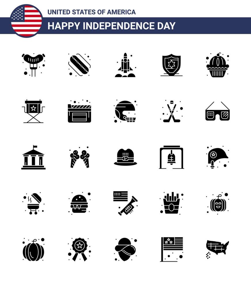 25 sinais de glifo sólido eua símbolos de celebração do dia da independência de bolo muffin nave espacial proteção americana editável dia dos eua vetor elementos de design