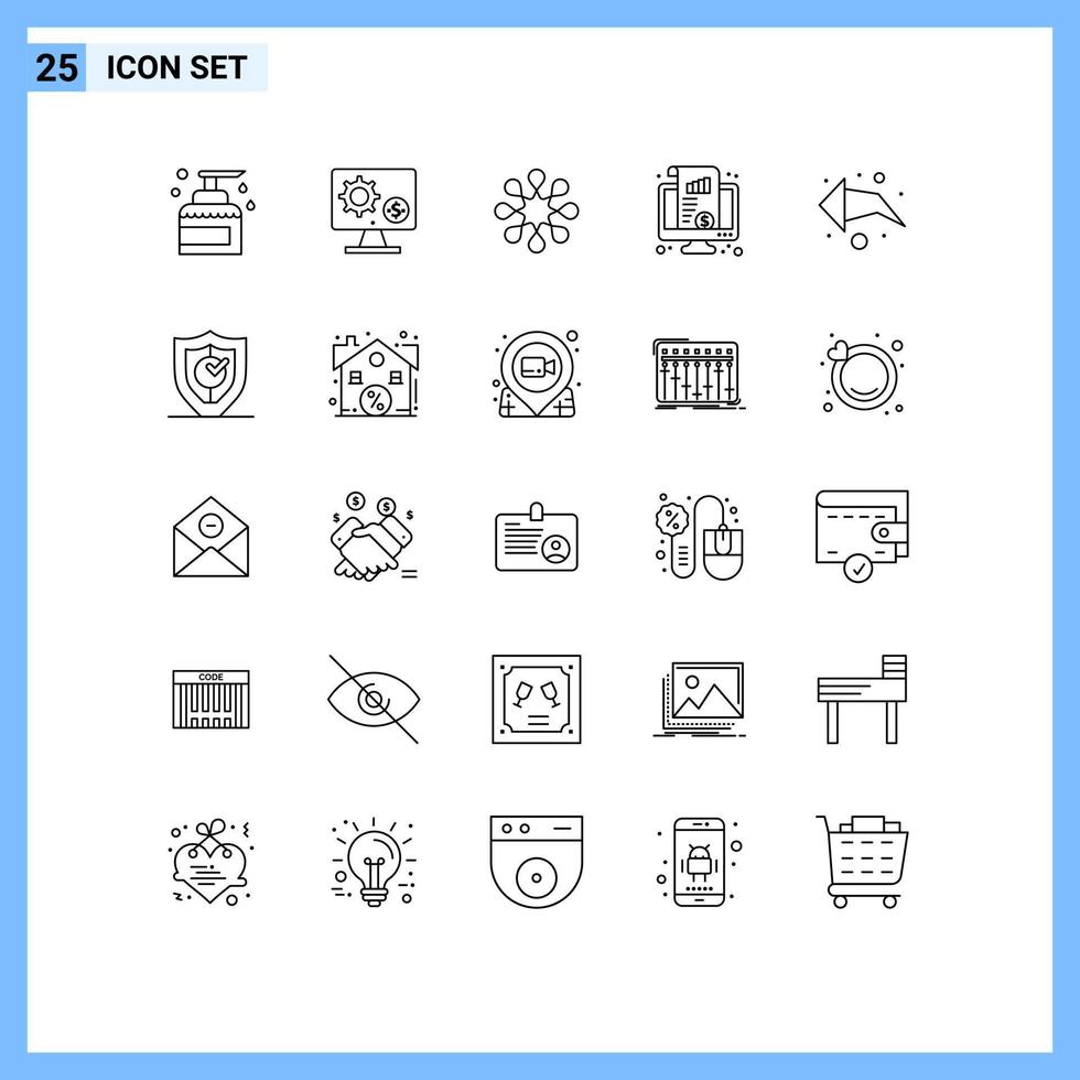 pacote de 25 sinais e símbolos de linhas modernas para mídia impressa na web, como gráfico kpi, configuração, painel, saúde, elementos de design de vetores editáveis