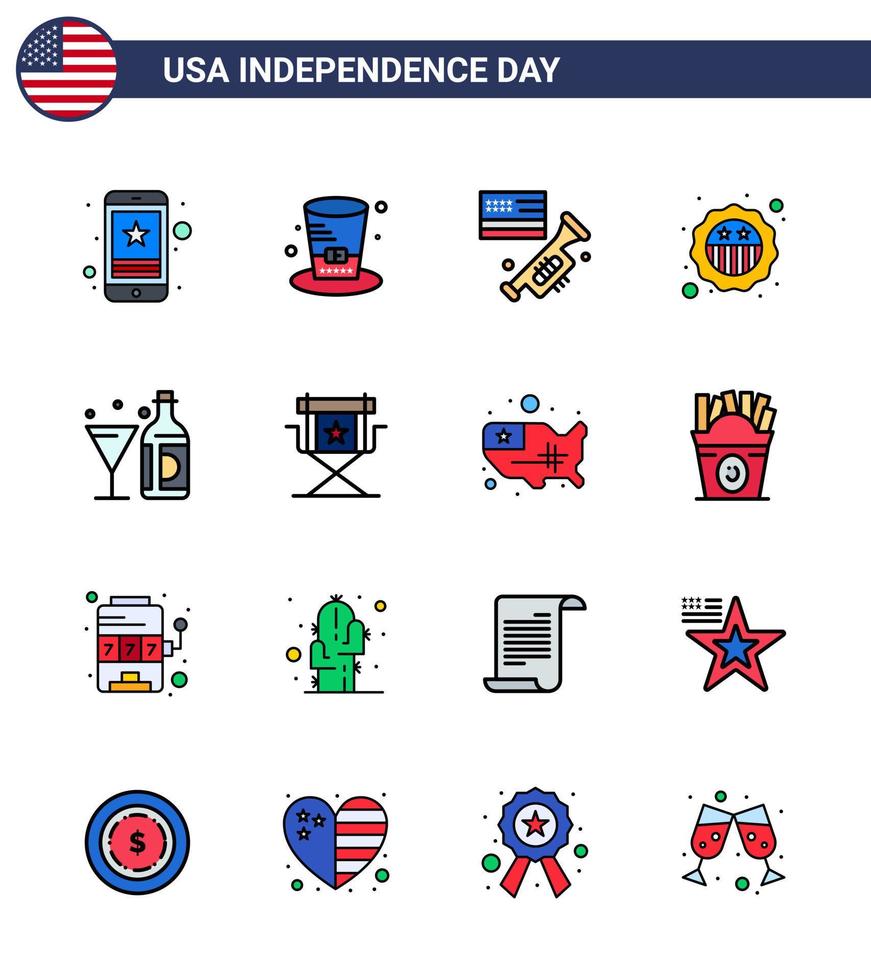 conjunto de 16 ícones do dia dos eua símbolos americanos sinais do dia da independência para distintivo de bebida segurança dos eua americano editável elementos de design do vetor do dia dos eua