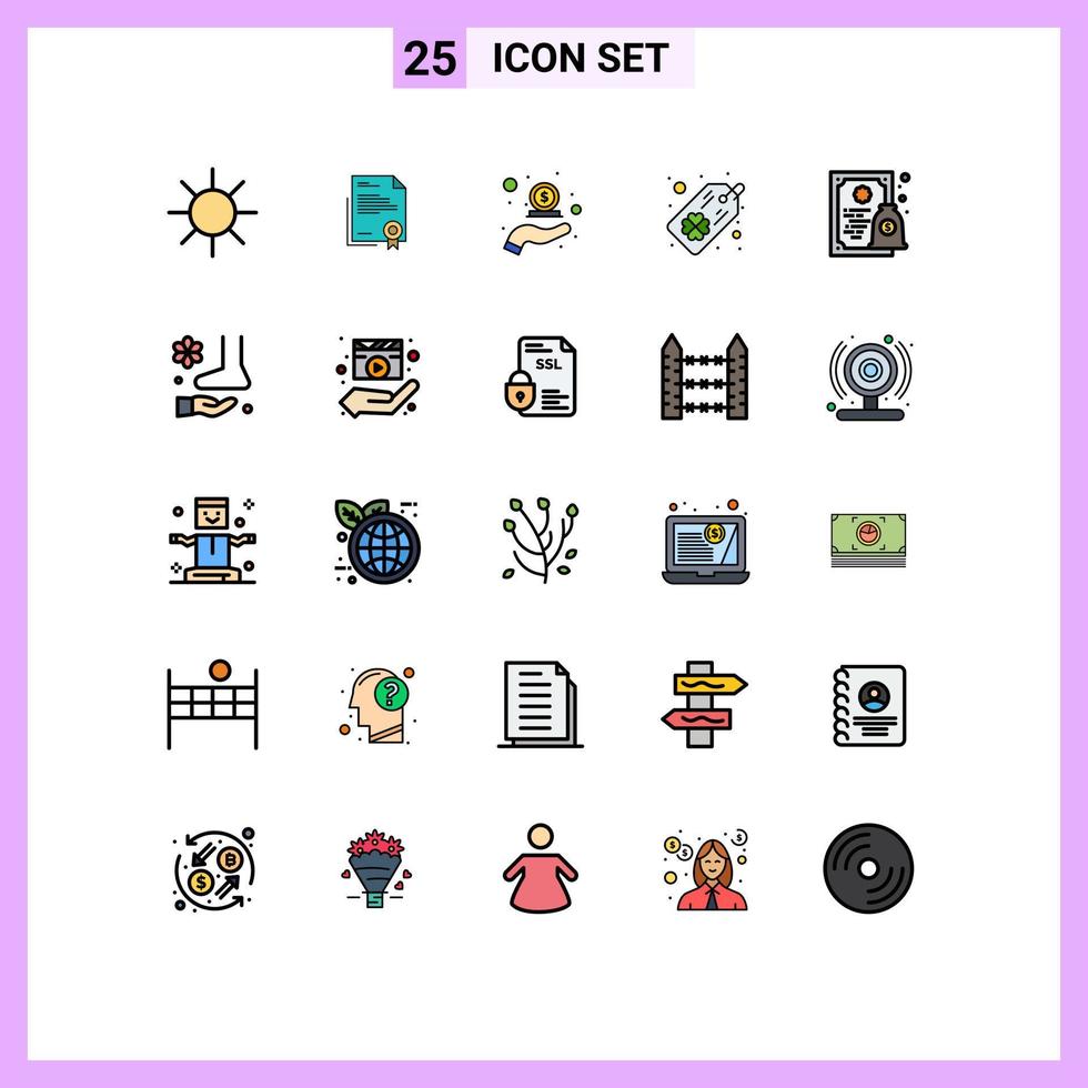 Pacote de cores planas de linha cheia de 25 interfaces de usuário de sinais e símbolos modernos de etiqueta de papel de trevo de certificado em elementos de design vetorial editáveis vetor