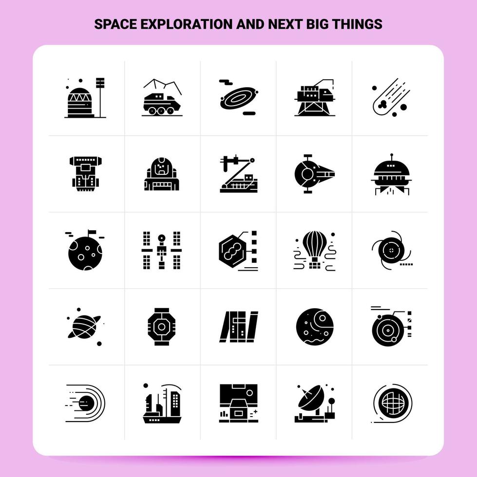 exploração do espaço sólido 25 e as próximas grandes coisas conjunto de ícones design de estilo glifo vetorial conjunto de ícones pretos web e design de ideias de negócios móveis ilustração vetorial vetor