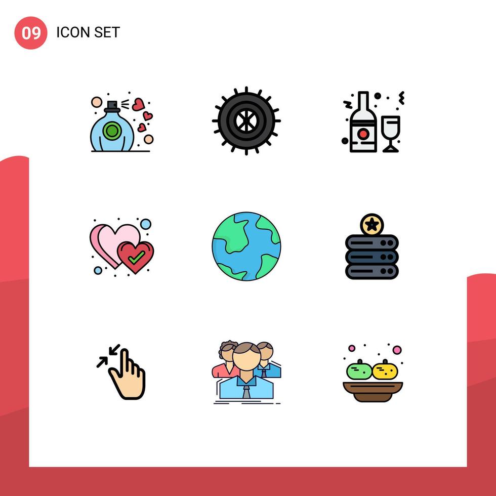 Pacote de cores planas de 9 linhas preenchidas de interface de usuário de sinais e símbolos modernos da bebida da terra do mundo, como elementos de design de vetores editáveis favoritos