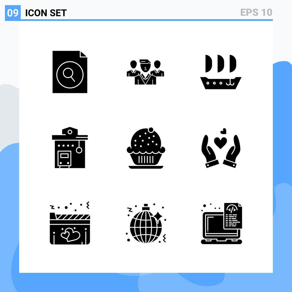 9 ícones modernos de estilo sólido. símbolos de glifo para uso geral. sinal de ícone sólido criativo isolado no fundo branco. Pacote de 9 ícones. vetor