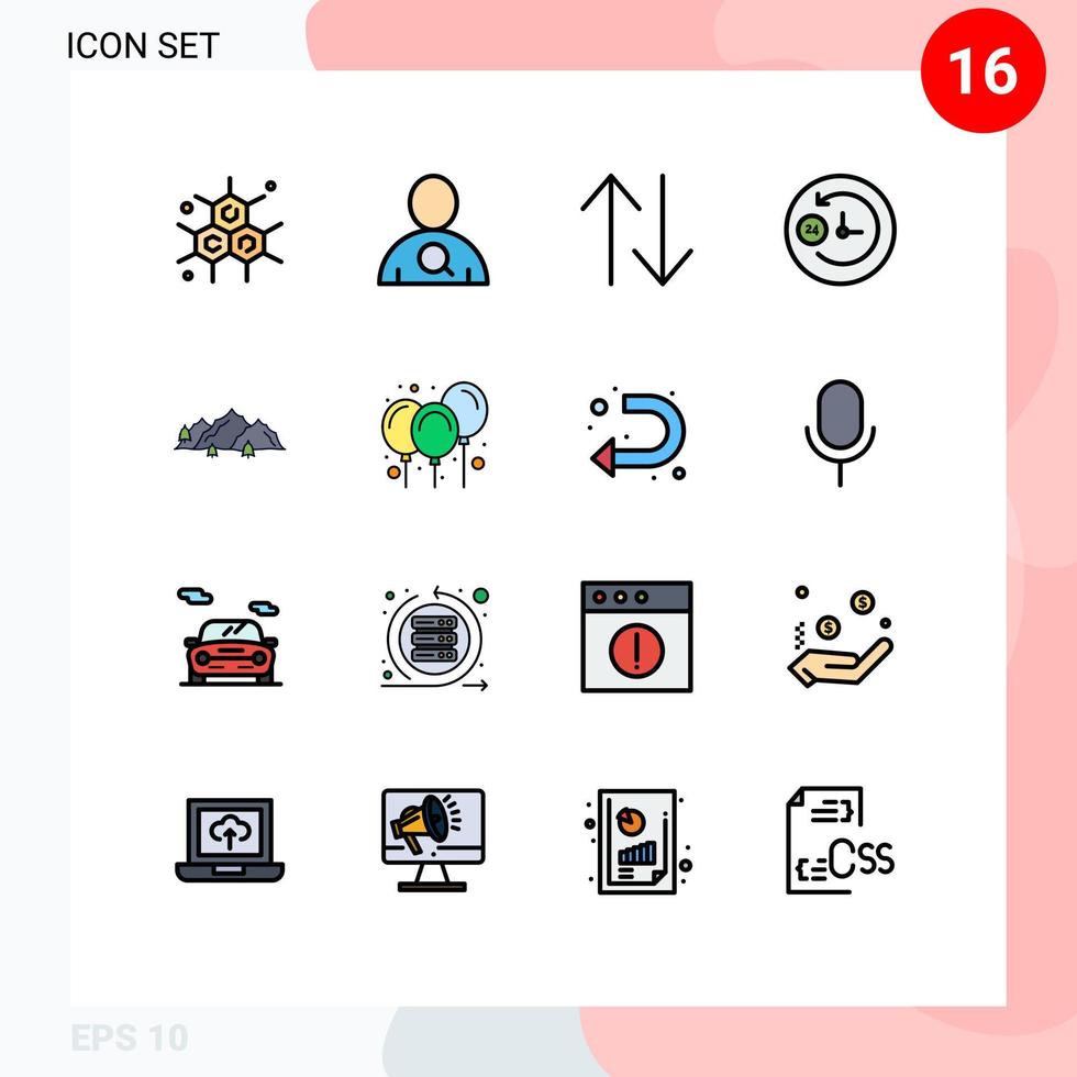 conjunto de pictogramas de 16 linhas cheias de cores planas simples de balões natureza montanha de cabeça para baixo elementos de design de vetores criativos editáveis