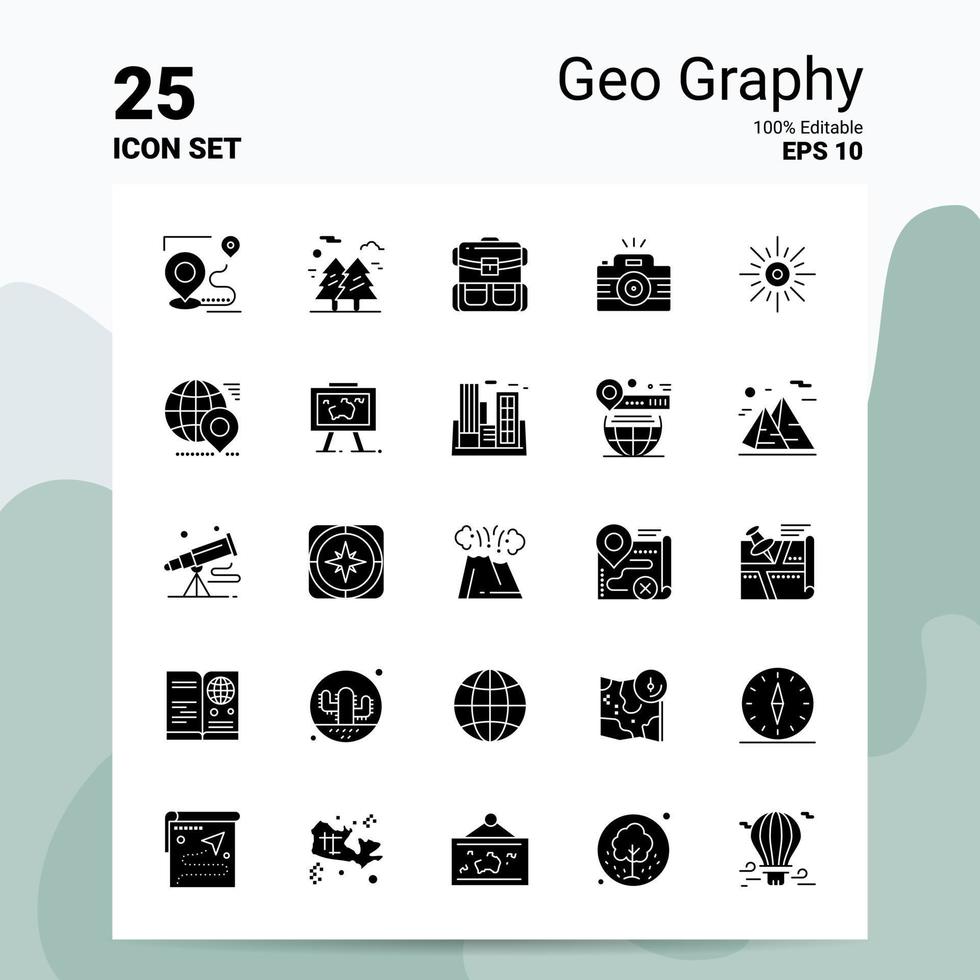 25 conjunto de ícones geográficos 100 eps editáveis 10 arquivos idéias de conceito de logotipo de negócios design de ícone de glifo sólido vetor