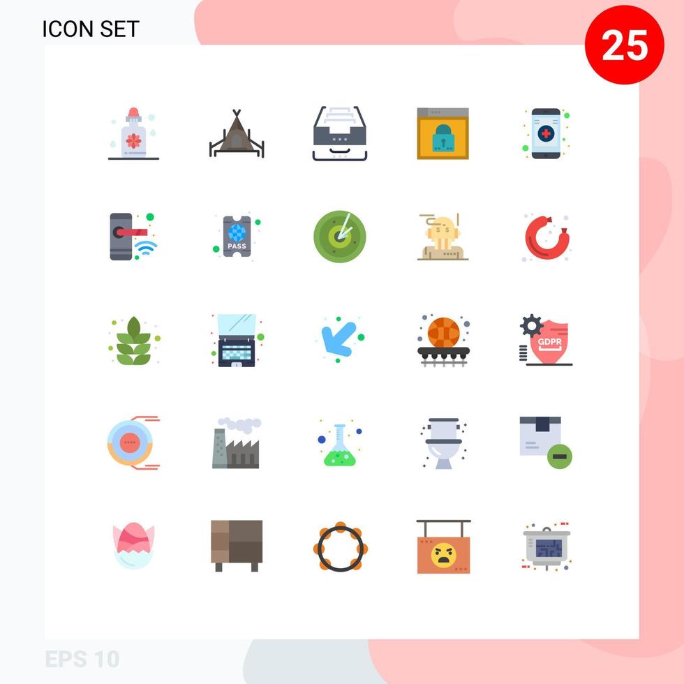 conjunto de pictogramas de 25 cores planas simples de layout de dados de passagem médica seguro elementos de design de vetores editáveis