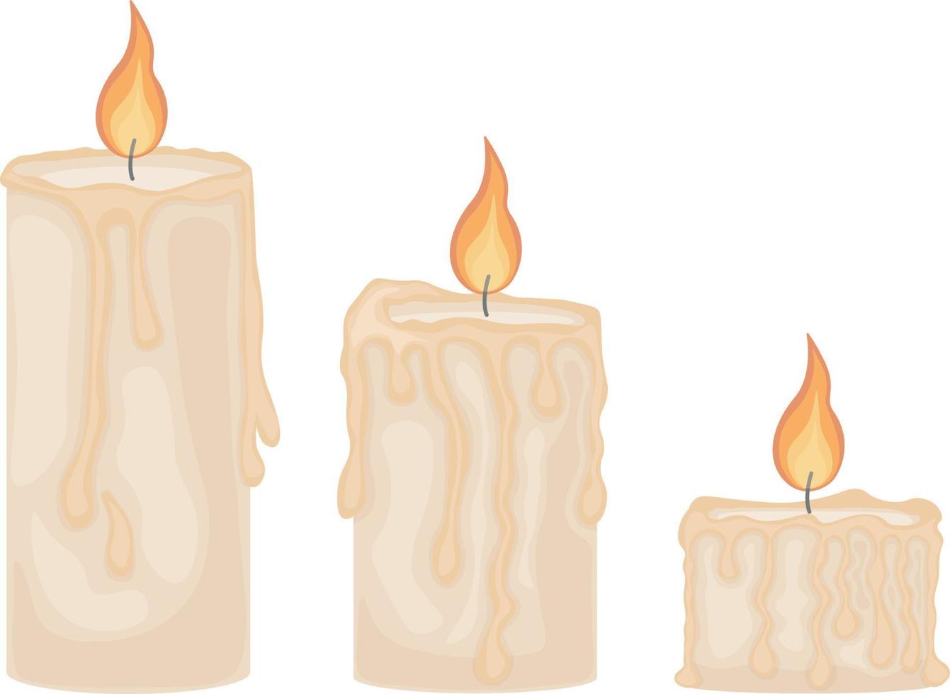 uma ilustração representando três românticas velas acesas. velas de cera de vários tamanhos. três chamas de vela, ilustração vetorial isolada em um fundo branco vetor