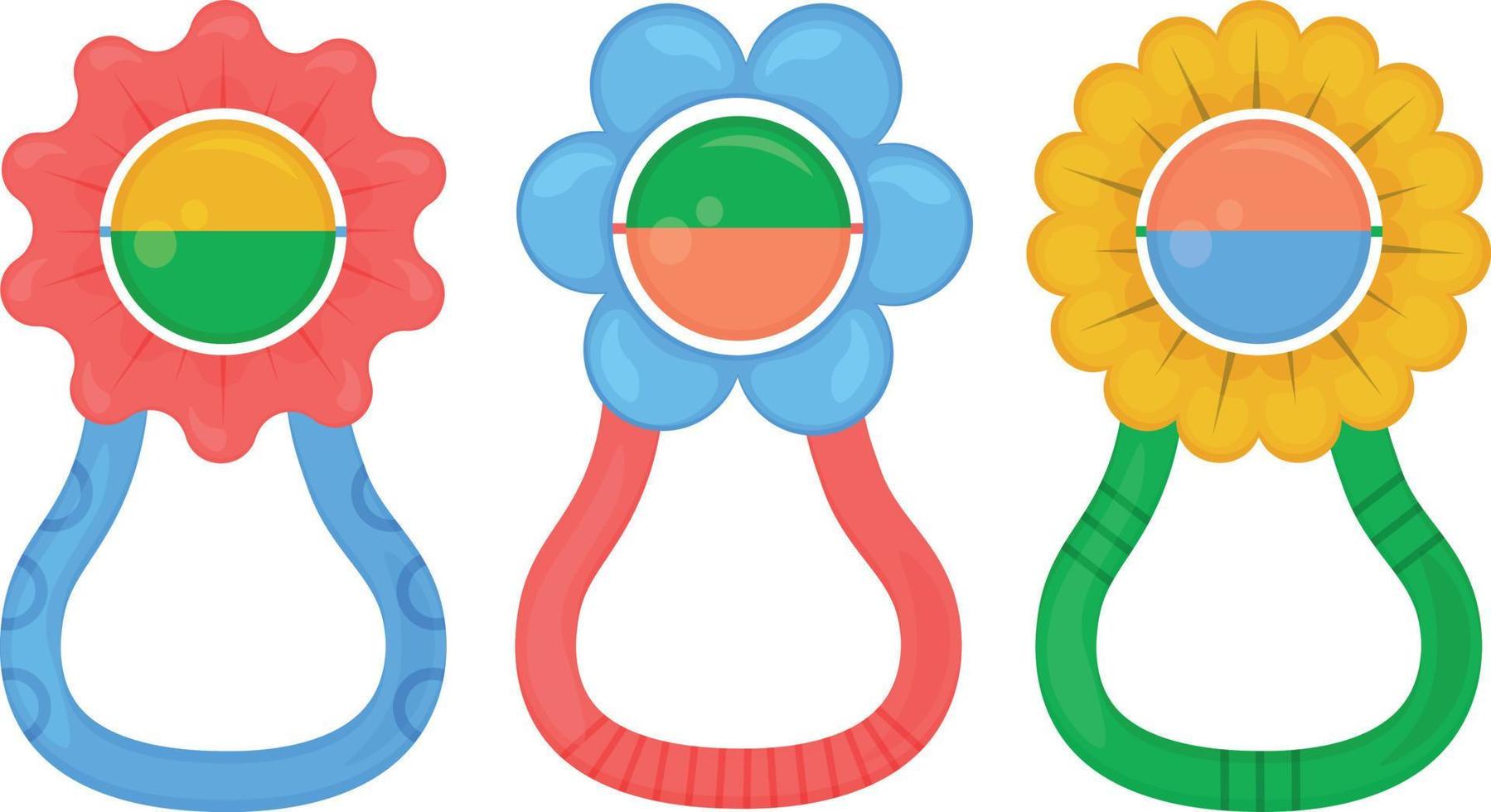 chocalhos. um conjunto infantil brilhante com chocalhos coloridos. brinquedos para crianças. chocalho mordedor. ilustração vetorial isolada em um fundo branco vetor