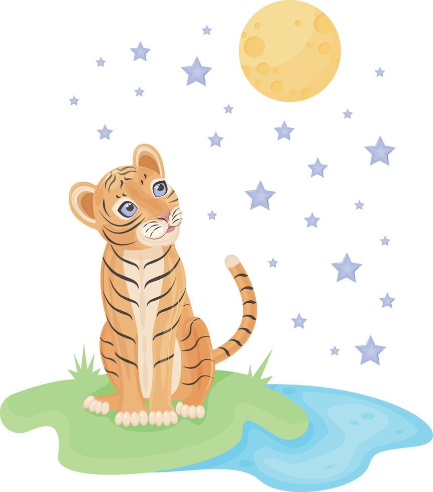 ilustração de crianças brilhantes bonitos. filhote de tigre bebê senta-se na grama perto da lagoa e sonhadoramente olha para o céu com a lua e as estrelas. ilustração de impressão infantil. imagem vetorial. vetor