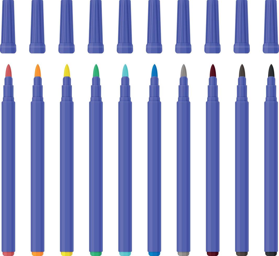 um grande conjunto de marcadores coloridos de cores diferentes. marcadores de cor da escola para desenho. um conjunto de criatividade. material de escritório. ilustração vetorial em um fundo branco vetor