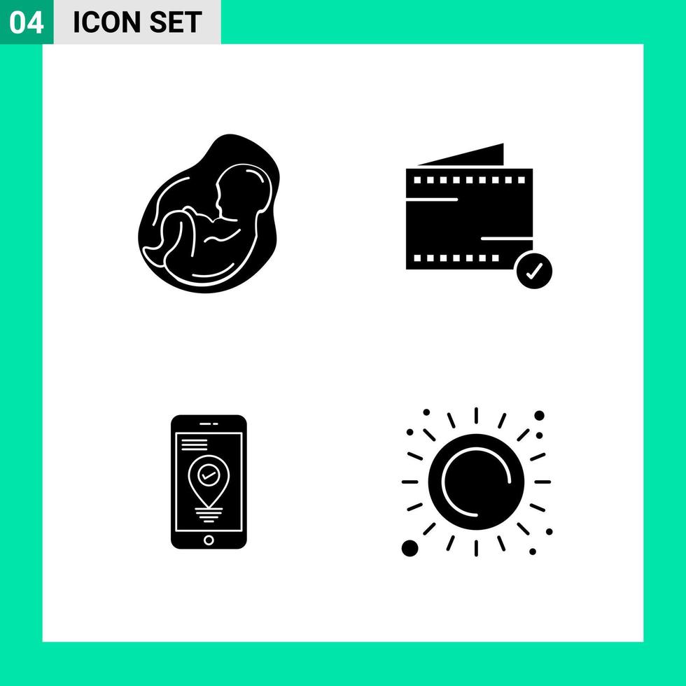 pacote com 4 conjuntos de ícones de estilo sólido. símbolos de glifos para impressão. sinais criativos isolados no fundo branco. conjunto de 4 ícones. vetor