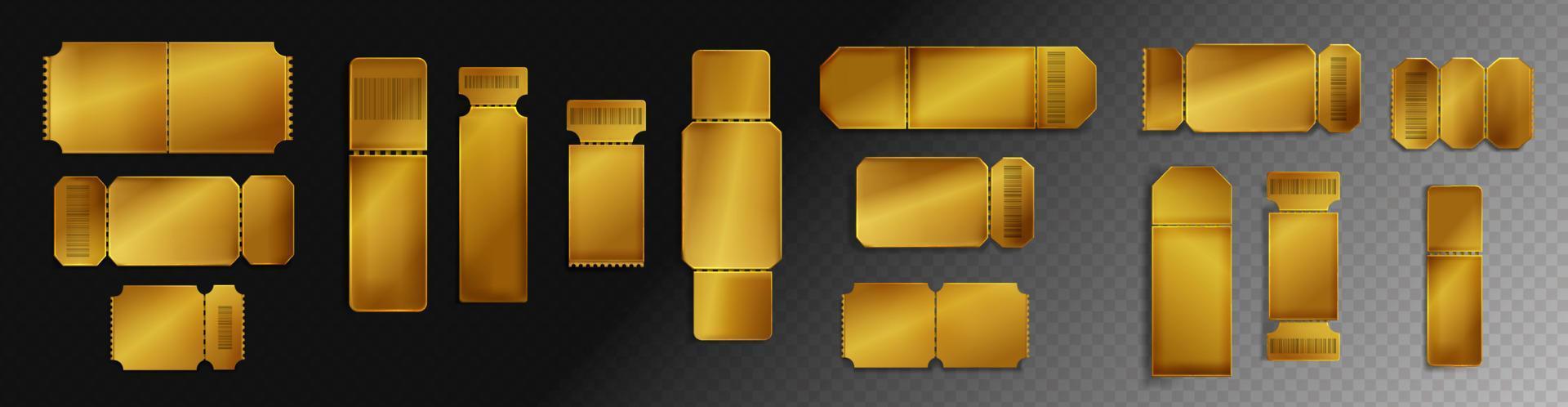 maquete de bilhetes dourados em branco com vetor de código de barras