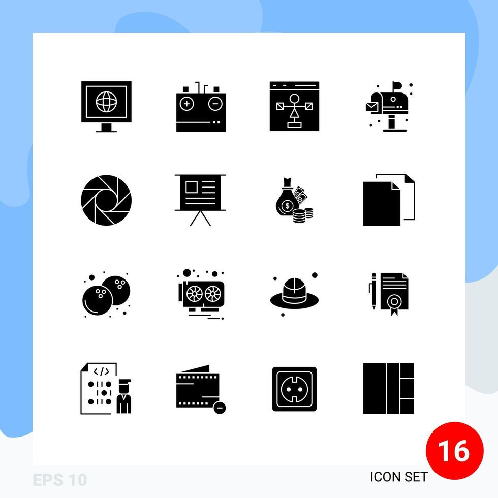 pacote de glifos sólidos com 16 símbolos universais de ambiente de codificação de vida de câmera, programação de elementos de design vetorial editáveis vetor