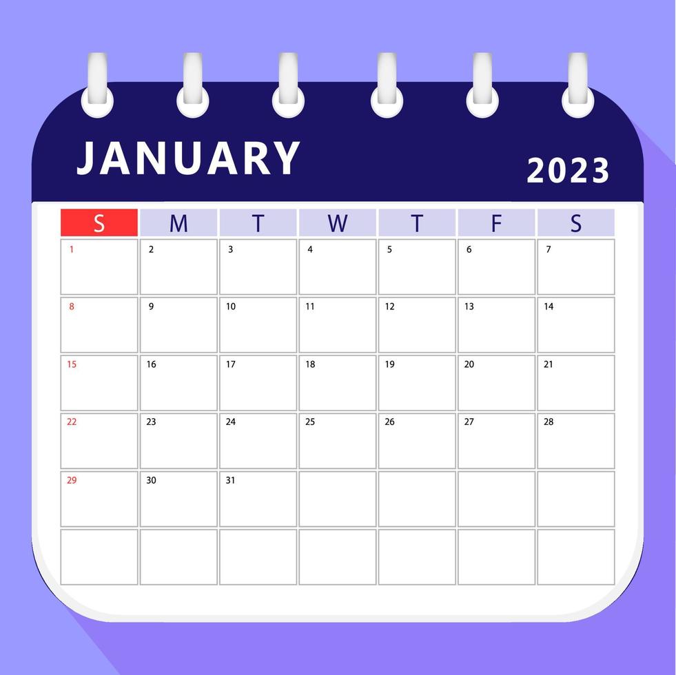 modelo de planejador de calendário de janeiro de 2023. projeto do vetor. vetor