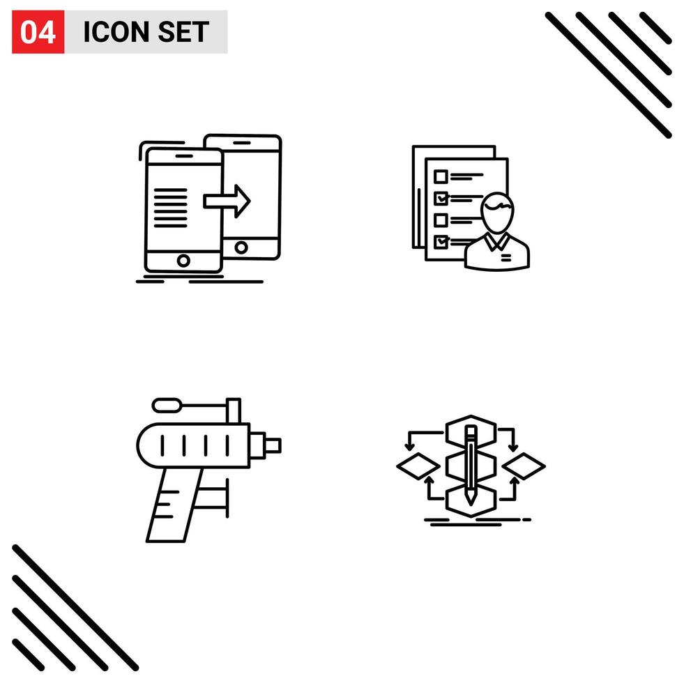 conjunto de linha de interface móvel de 4 pictogramas de habilidades de sincronização de trabalho de dados retomam elementos de design de vetores editáveis