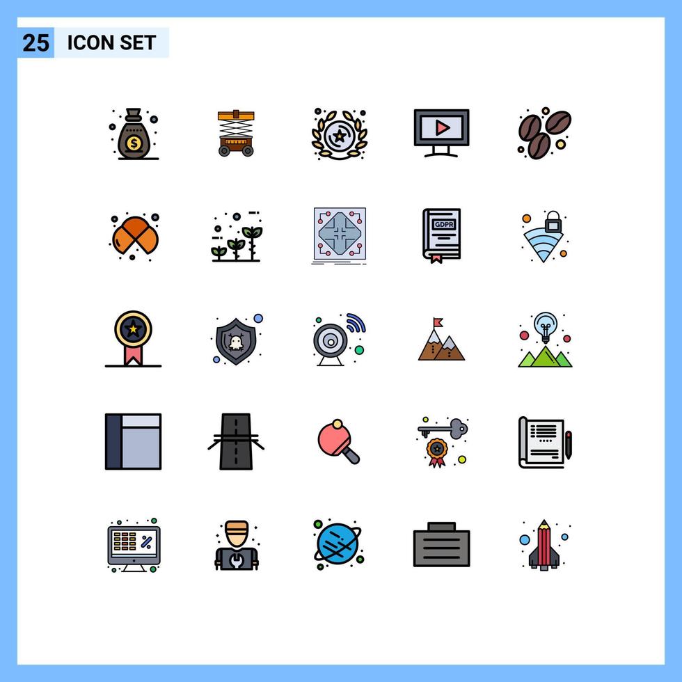 pacote de interface do usuário de 25 cores planas de linha preenchida básica de monitor de vídeo de crachá de feijão de comida elementos de design de vetores editáveis