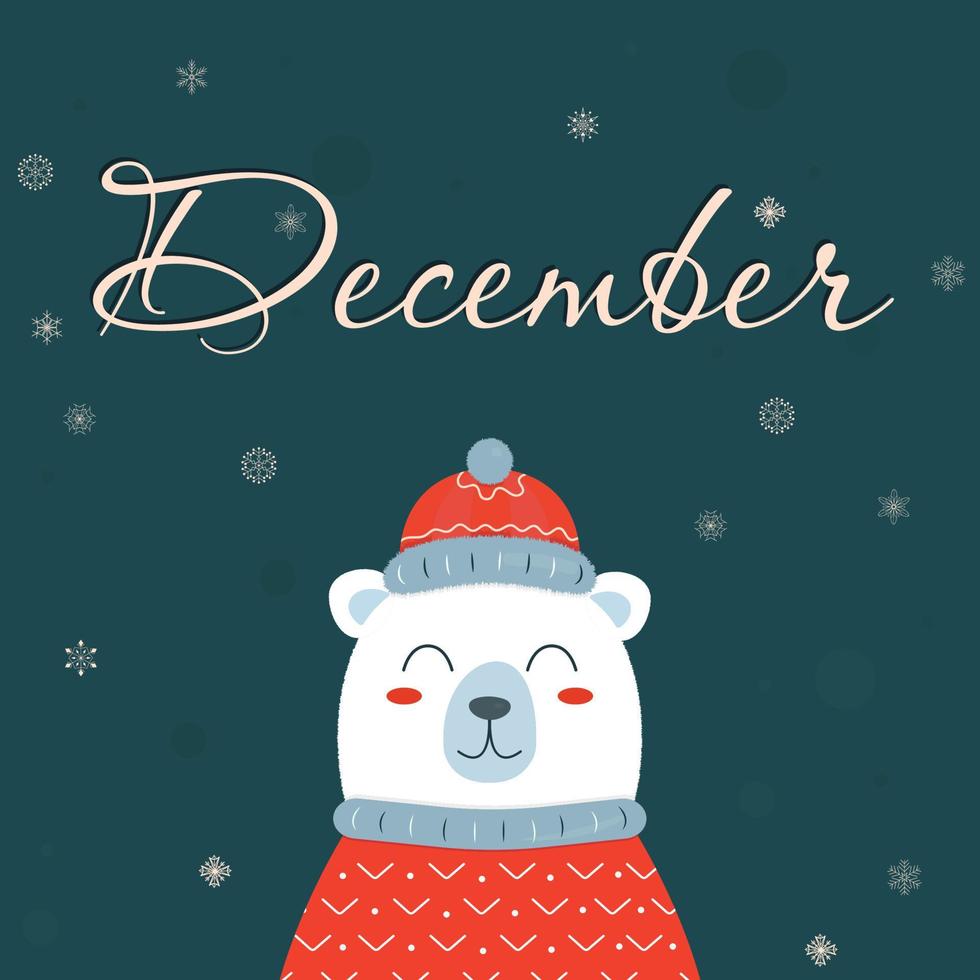 cartão postal de natal com texto dezembro e urso fofo em um lenço vermelho e suéter em um fundo azul vetor