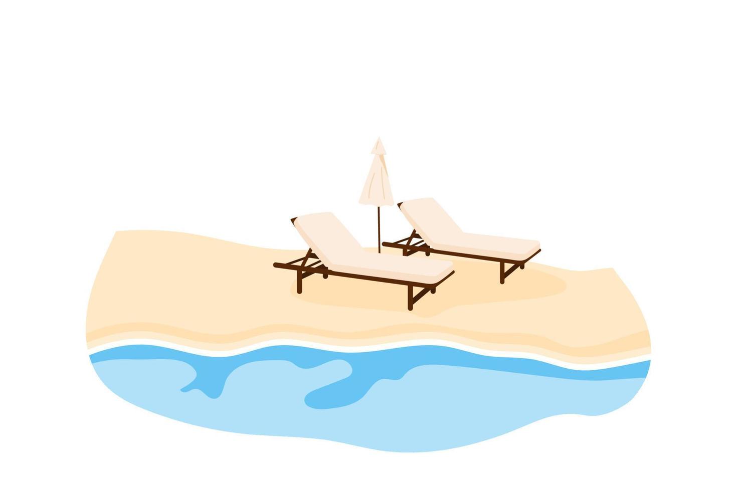 praia de areia de luxo. balneário com duas cadeiras de praia e guarda-sol. litoral com espreguiçadeiras no verão. ilustração vetorial isolada no fundo branco vetor