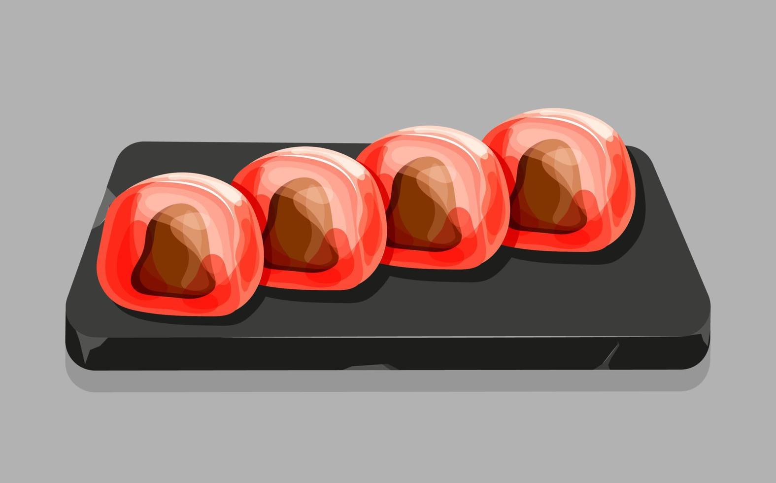 mochi de morango dos desenhos animados na bandeja de pedra. deliciosas sobremesas doces japonesas com chocolate. ilustração vetorial vetor