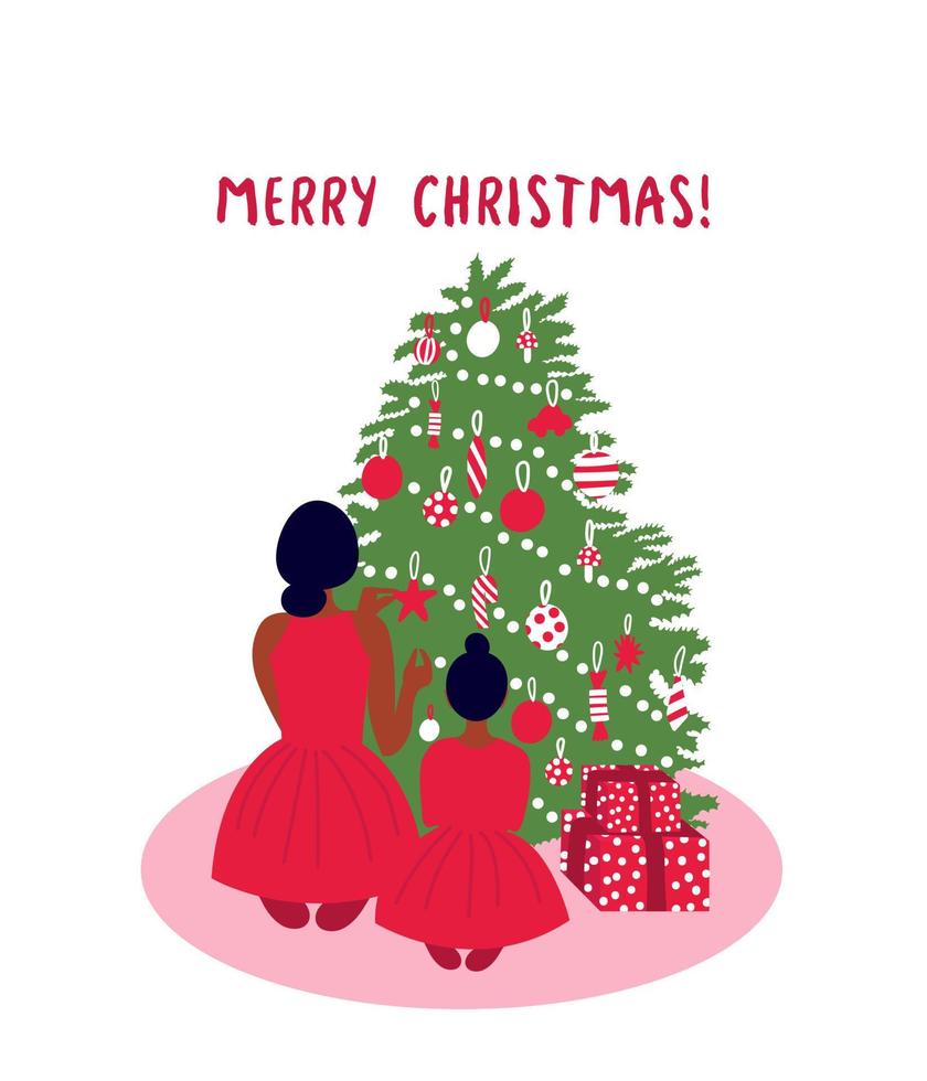 mãe africana e filha sentada em frente à árvore de natal. vetor de cartão de saudação de natal. ilustração em vetor dos desenhos animados. família afro-americana.