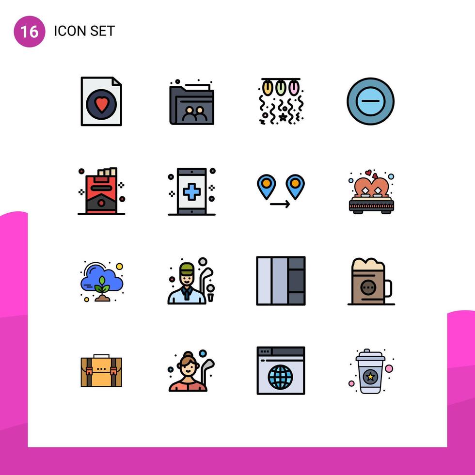 conjunto de pictogramas de 16 linhas preenchidas de cor plana simples de lâmpada de charuto fumante menos sem elementos de design de vetores criativos editáveis