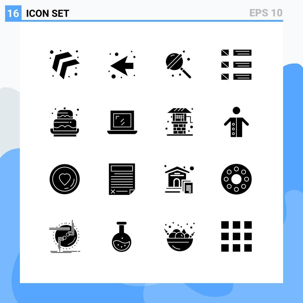 conjunto moderno de pictograma de 16 glifos sólidos de comemoração de aniversário açúcar ui lista de elementos de design de vetores editáveis