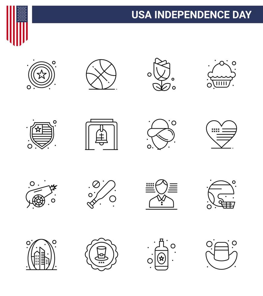 pacote de ícones vetoriais de ações do dia americano 16 sinais e símbolos de linha para proteção de alerta sobremesa americana americana editável elementos de design vetorial do dia dos eua vetor