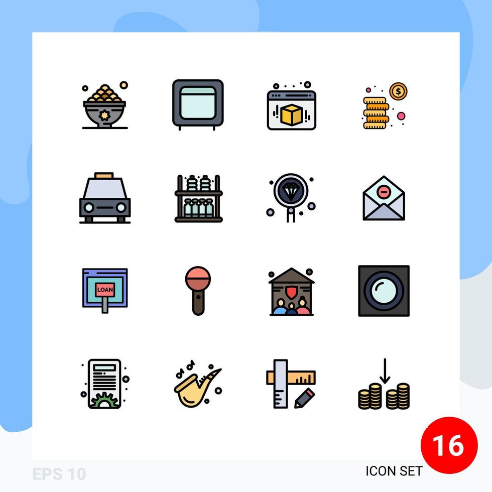 conjunto de linha cheia de cores planas de interface móvel de 16 pictogramas de dinheiro de carro moedas de dinheiro web editáveis elementos de design de vetores criativos