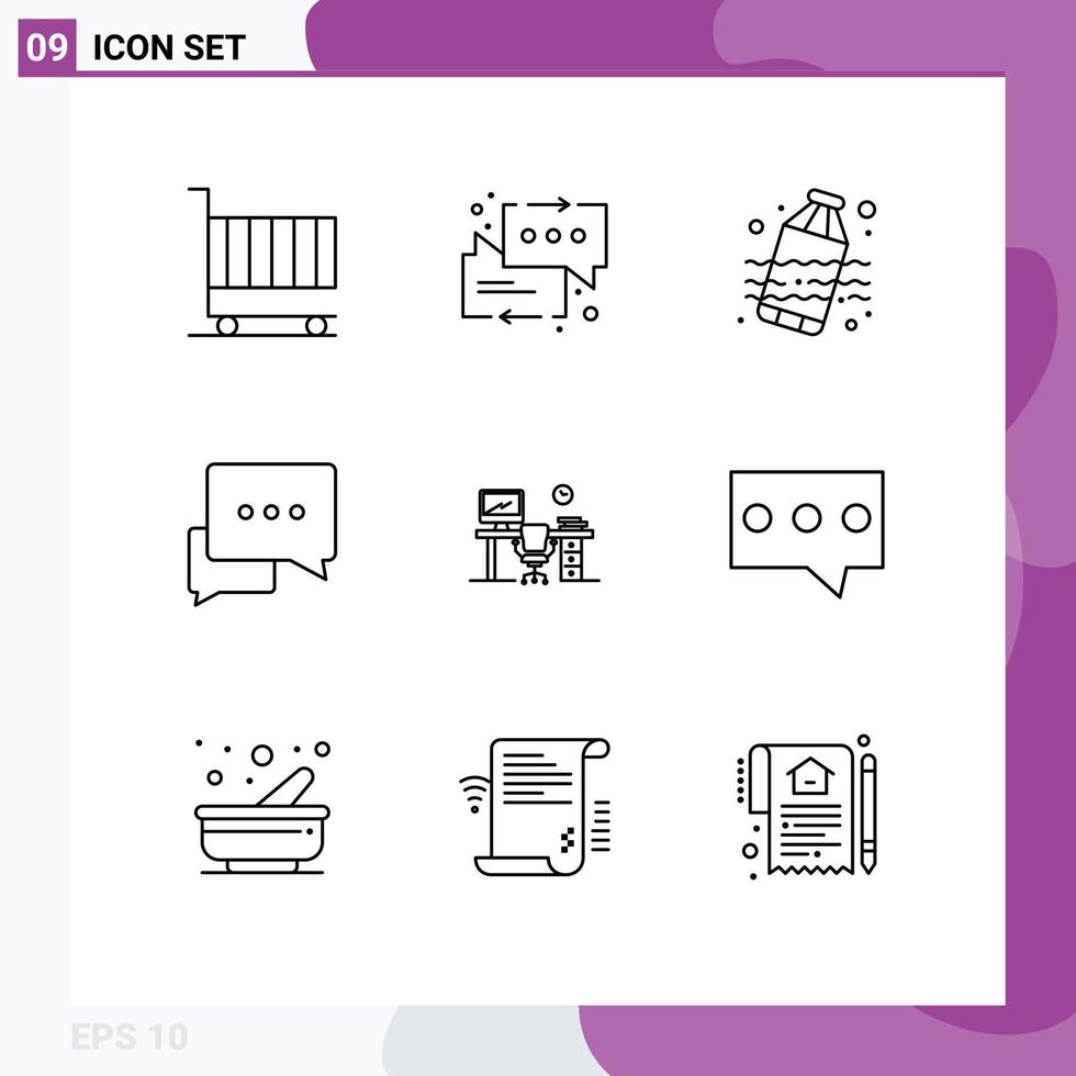 conjunto de pictogramas de 9 contornos simples de mensagens de seta de bolha de espaço bate-papo elementos de design de vetores editáveis