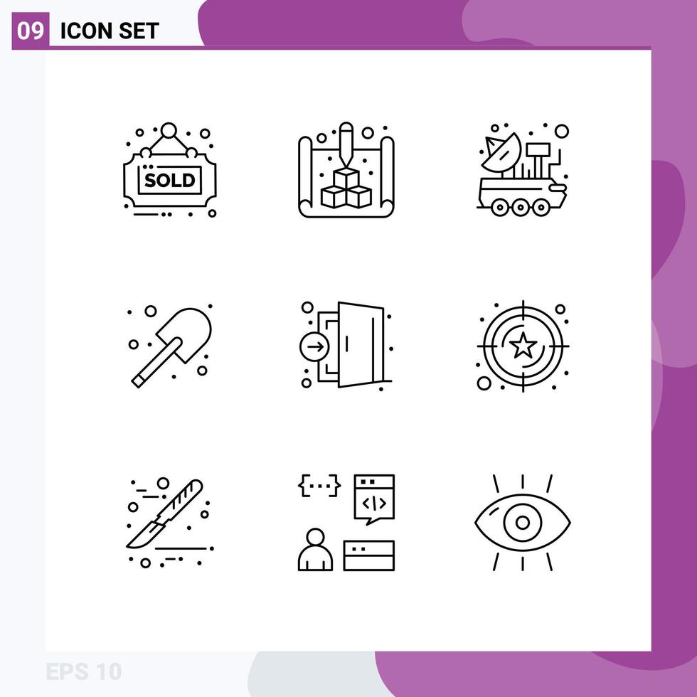 pacote de esboço de 9 símbolos universais de elementos de design de vetores editáveis de espaço de agricultura de carro de jardim de porta