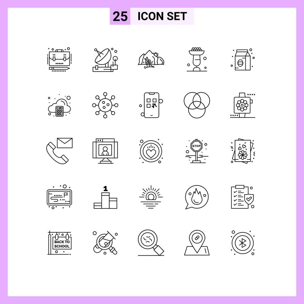 conjunto de 25 sinais de símbolos de ícones de interface do usuário modernos para xícaras cozinhando espaço de cozimento montanha elementos de design de vetores editáveis