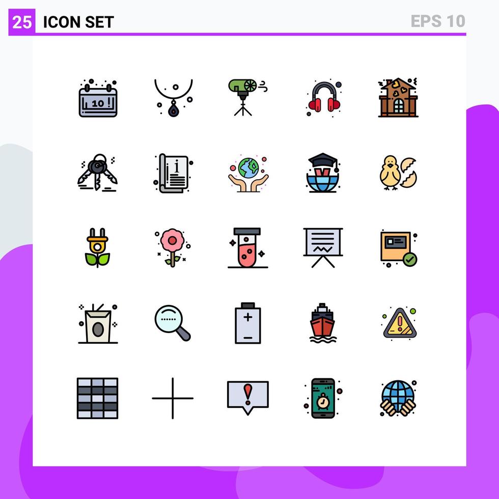 grupo de 25 sinais e símbolos de cores planas de linha preenchida para efeitos de família de amor suportam elementos de design de vetores editáveis de fone de ouvido