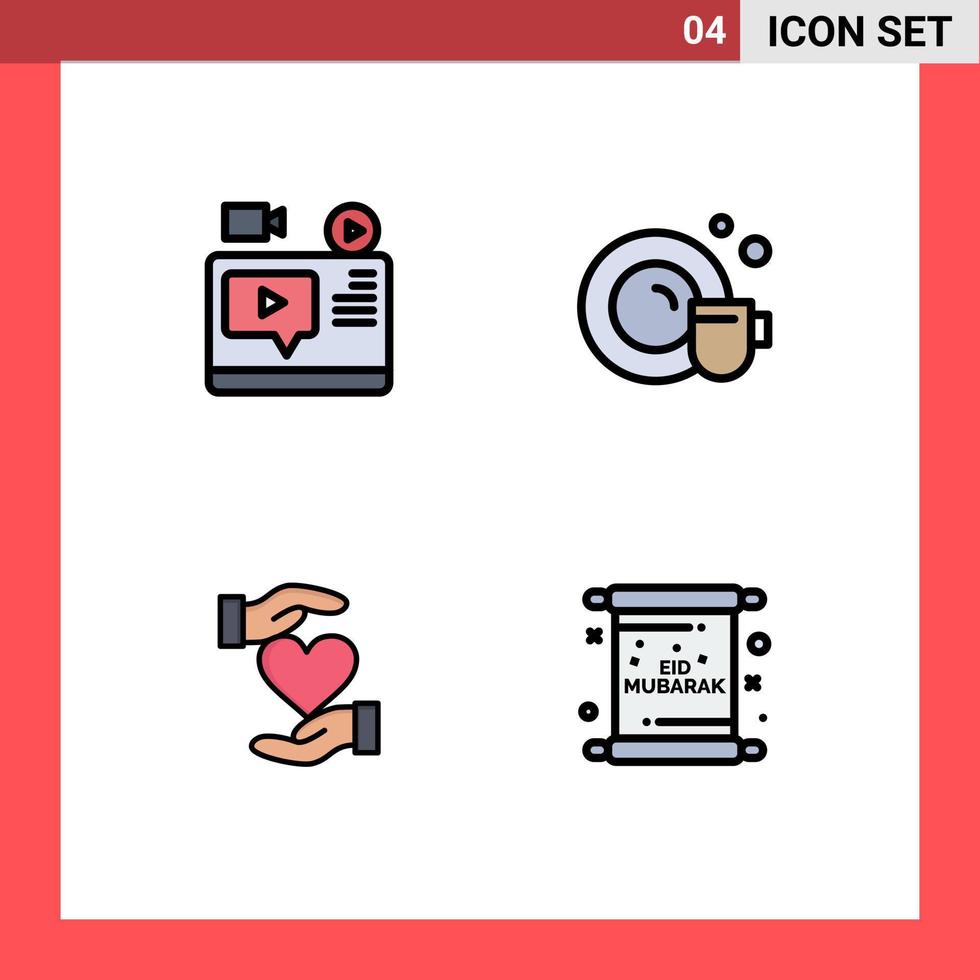 conjunto de cores planas de linha preenchida de interface móvel de 4 pictogramas de vídeo fornece elementos de design de vetores editáveis favoritos do youtube cup