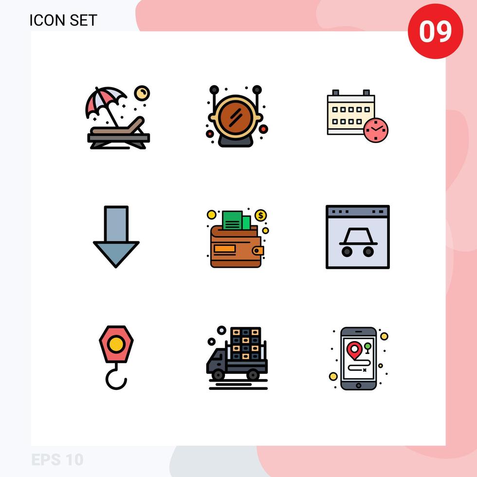 conjunto de 9 sinais de símbolos de ícones de interface do usuário modernos para calendário de direção de dinheiro seta para baixo elementos de design de vetores editáveis